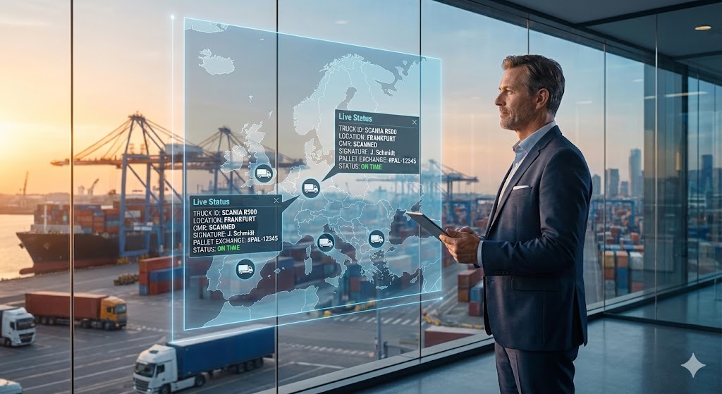 Logistics manager using holographic TMS dashboard for real-time supply chain tracking and fleet management in a modern office overlooking a container port.